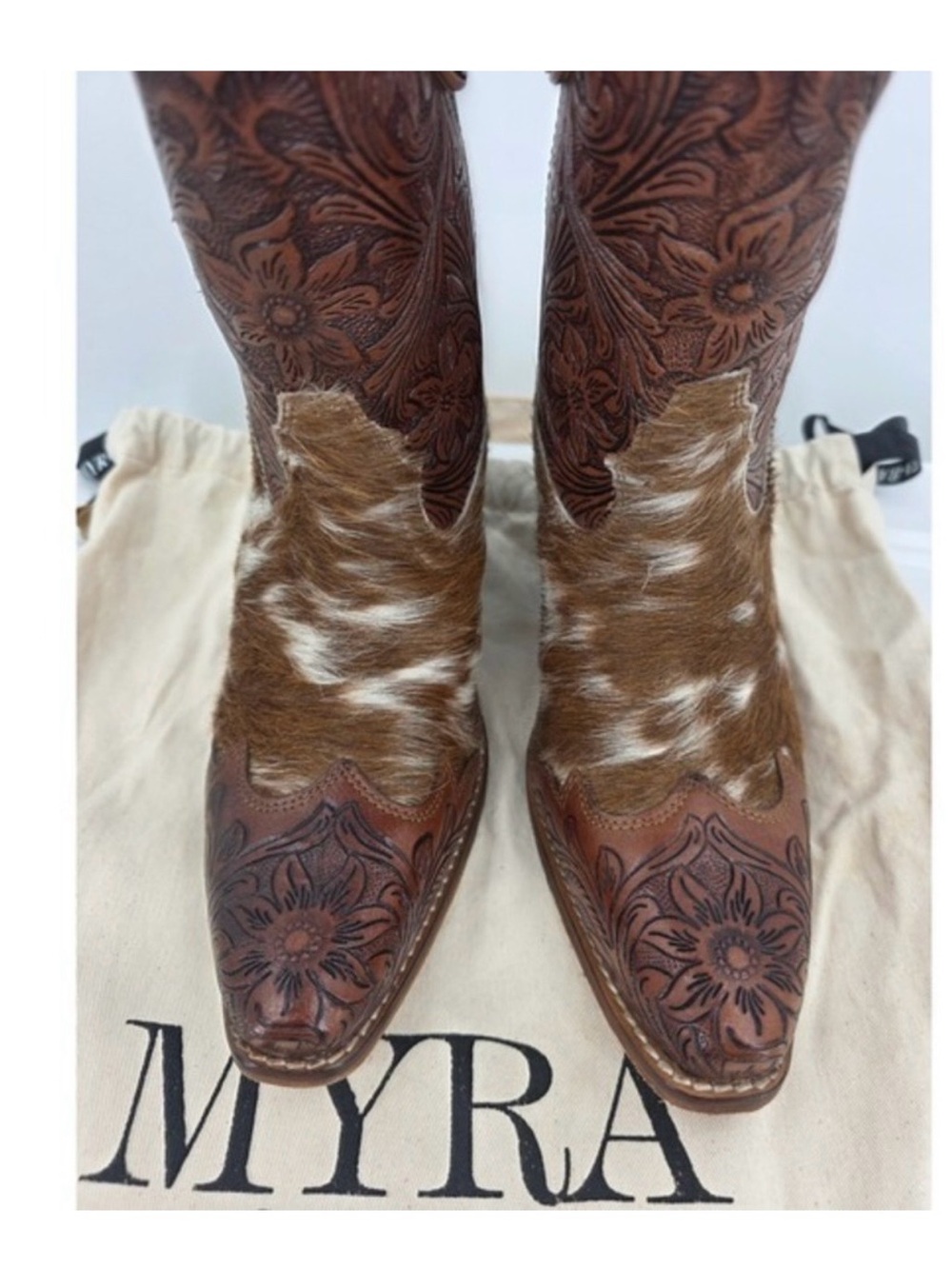 MYRA- Kelsey Anne Hair-on Hide Hand-tooled Leather Boots Brown/Cream Size 6 NWT - Picture 3 of 9